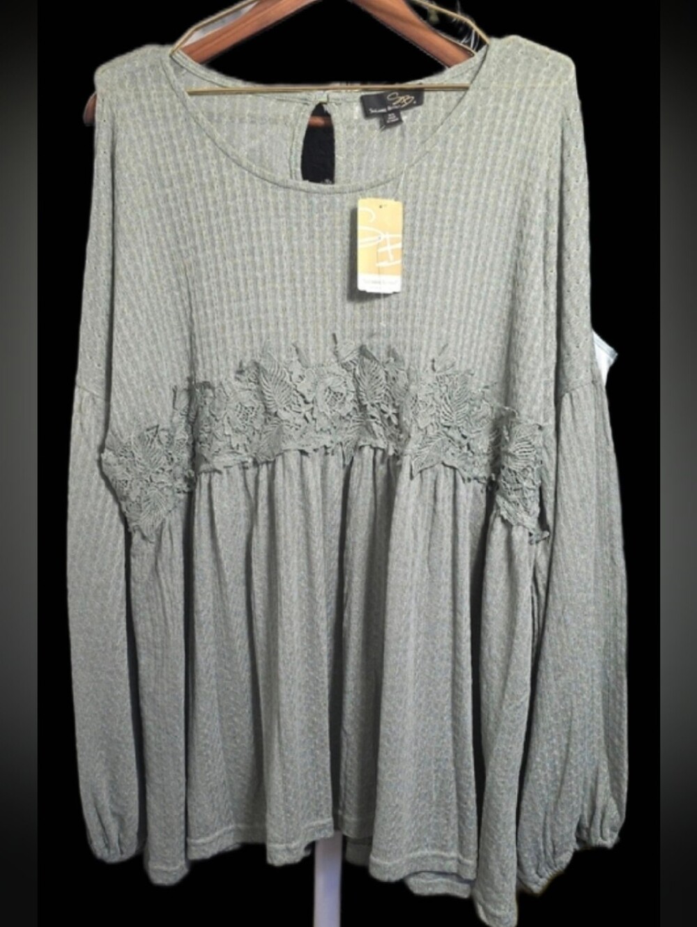Suzanne Betro Sage Green Knit Babydoll Top  NWT